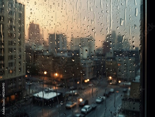 Raindrops on Window with Cityscape View -ai generated © dasom