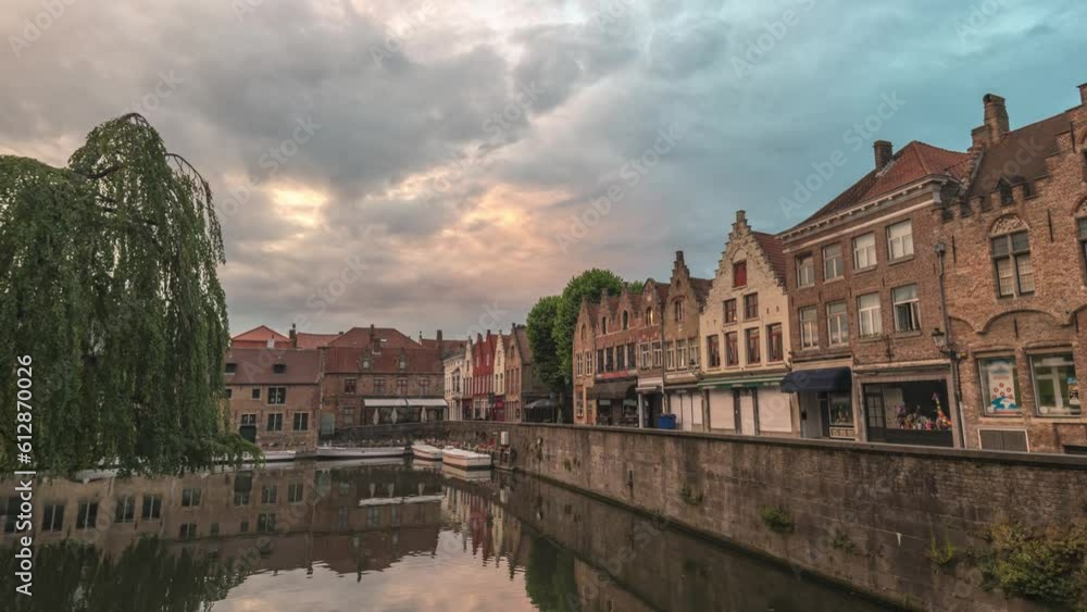 Bruges Belgium time lapse 4K, city skyline night to day timelapse at Rozenhoedkaai Bruges Belgium time lapse 4K, city skyline night to day timelapse at Rozenhoedkaai