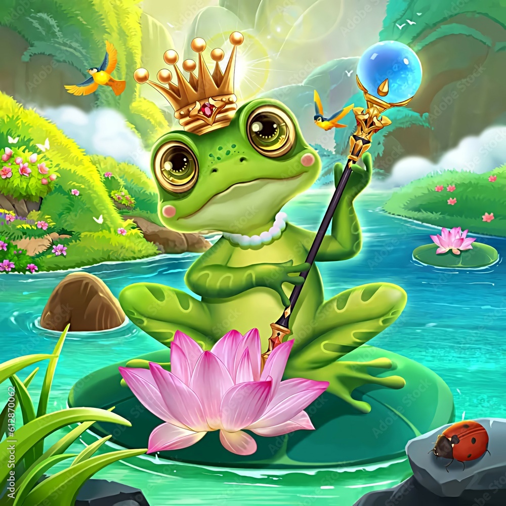 King frog in the water with flowers 