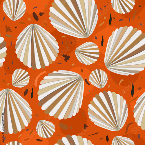 Vector sealess natural pattern with seashells on bright orange background.