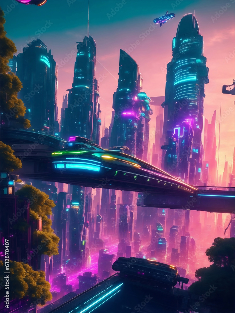 Obraz premium Futuristic cityscape at sunset, Generative AI Illustration.