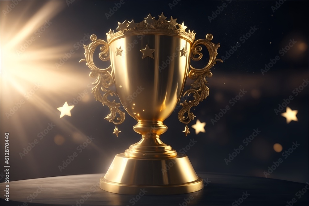 Winner Gold trophy with stars flying. Generative AI Winner Gold trophy with stars flying. Generative AI