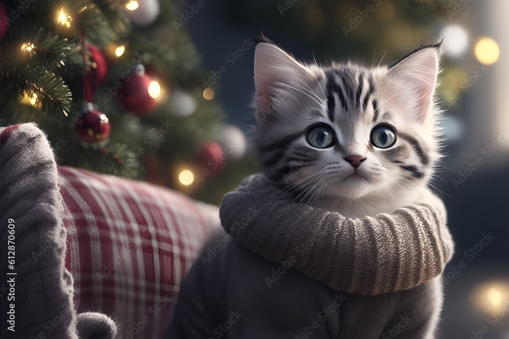 Kitten in Christmas pullover. Generative AI