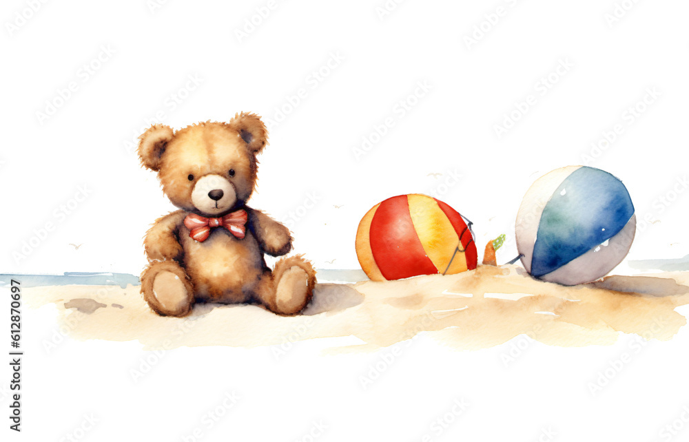 cute teddy bear relaxing at the beach with a beach ball in watercolor ...