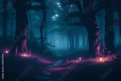 Gloomy fantasy forest scene at night with glowing light. Generative AI