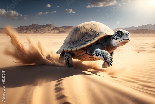 Fast turtle running at full speed in the desert. Generative AI © wolfhound911