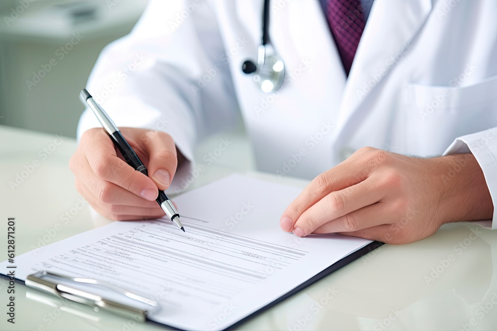 Physician fills out a questionnaire or patient file. AI generated. Physician fills out a questionnaire or patient file. AI generated.