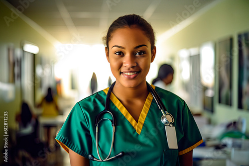 Portrait of an African-American doctor in medical clothing against the backdrop of a polata. Generated by AI.