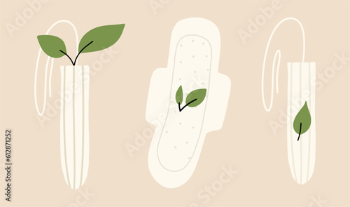 Women's eco-friendly natural hygiene products. Eco tampons and pads. Vector illustration in flat style