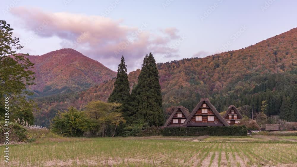Shirakawago village Gifu Japan time lapse 4K, Historical Japanese traditional Gassho house at Shirakawa village day to night autumn foliage timelapse Shirakawago village Gifu Japan time lapse 4K, Historical Japanese traditional Gassho house at Shirakawa village day to night autumn foliage timelapse