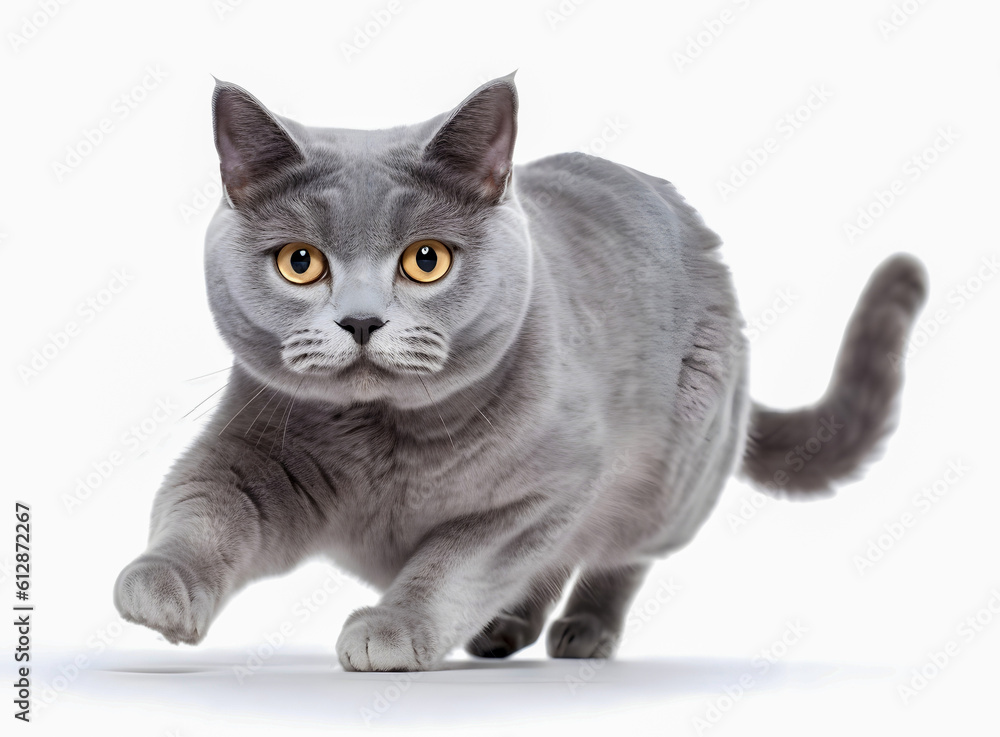 British shorthair cat with serious expression, isolated on white background. Generative AI