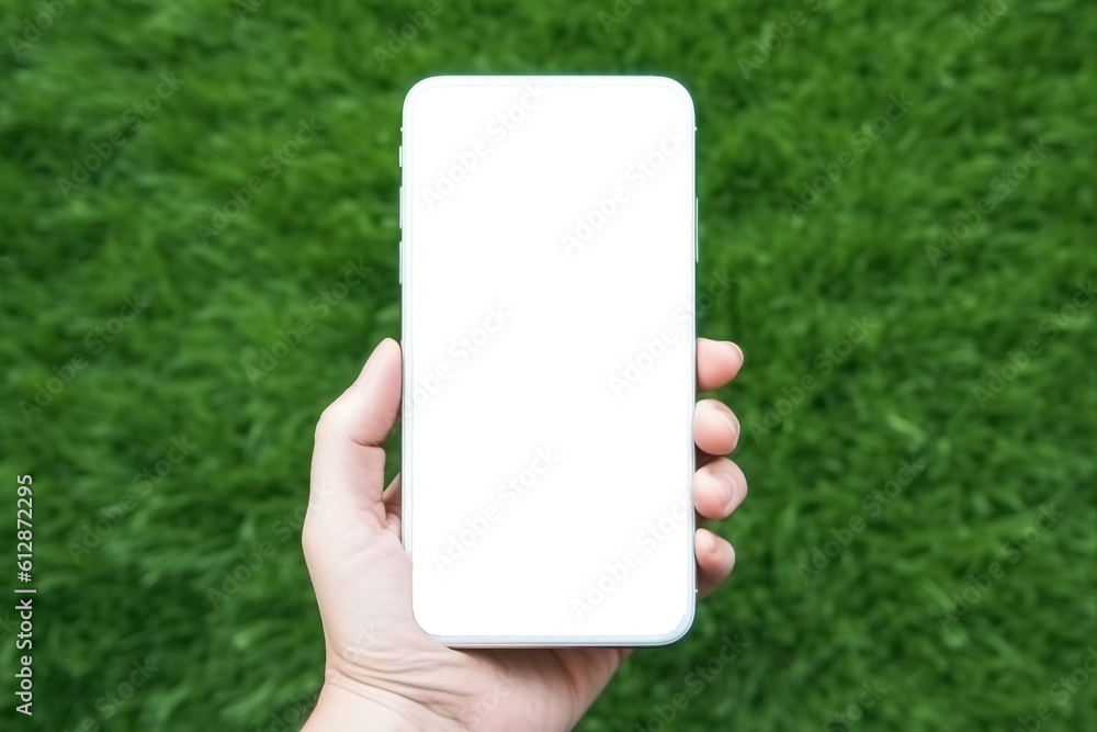 Transparent, empty, hand holding blank smartphone mockup with green grassy background for app promotion, advertisement, commercial marketing, social media marketing and business. Generative AI Transparent, empty, hand holding blank smartphone mockup with green grassy background for app promotion, advertisement, commercial marketing, social media marketing and business. Generative AI