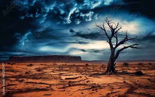 Desert and climate change with drought and barren tree created with Generative AI technology