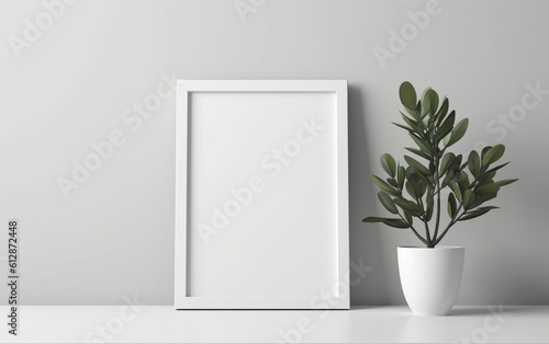Empty photo frame and plant in a pot, frame mock-up 