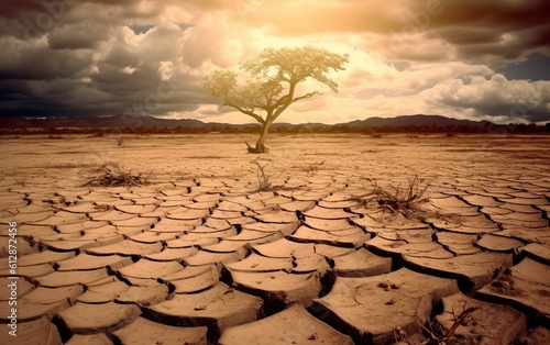 Desert and climate change with drought and barren tree created with Generative AI technology