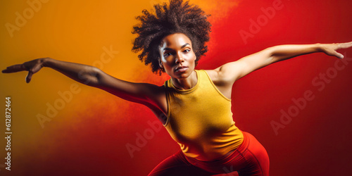 Athletic woman in dynamic pose with arms stretched out to side, yellow and red background, wide. Generative AI