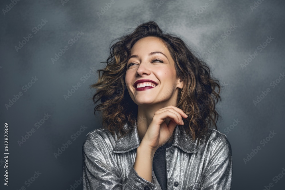 Fototapeta premium Lifestyle portrait photography of a happy girl in her 30s blowing air kisses at camera against a metallic silver background. With generative AI technology