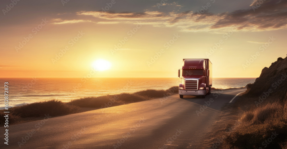 Red truck on the road with sunset above the sea at background. Delivery, transport concepts. Created using generative AI tools