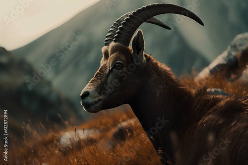 Photo close up goat with large horns ibex standing in mountains photo