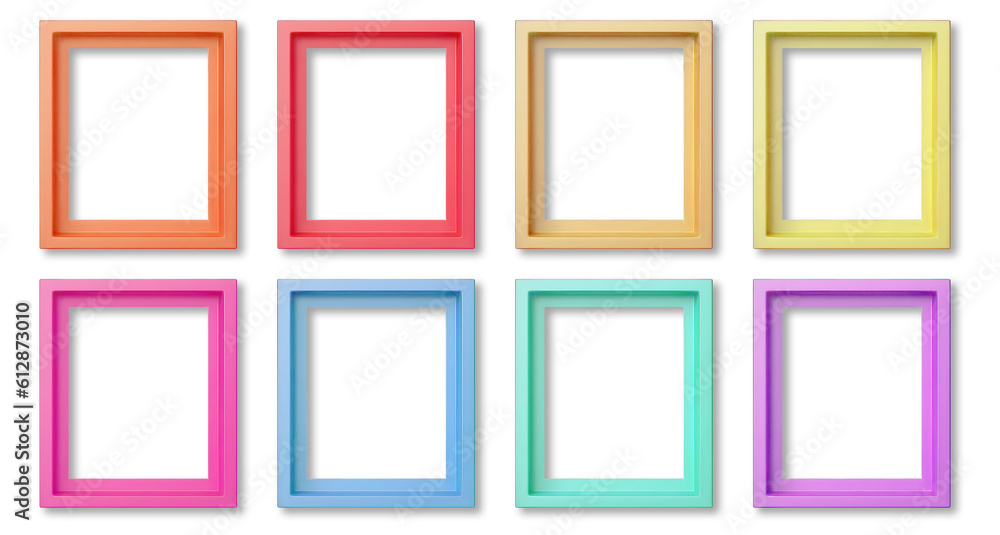 Shaded empty blank photo frames with shadow. Pastel colour. Many assorted different colours isolated on transparent background cutout. PNG file. 3D rendering Shaded empty blank photo frames with shadow. Pastel colour. Many assorted different colours isolated on transparent background cutout. PNG file. 3D rendering