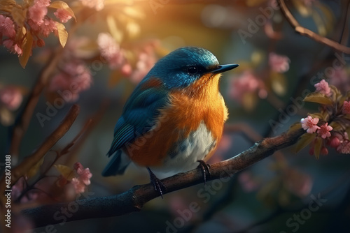 photo closeup of a bird wild on wood in a garden flowers © Kislinka_K