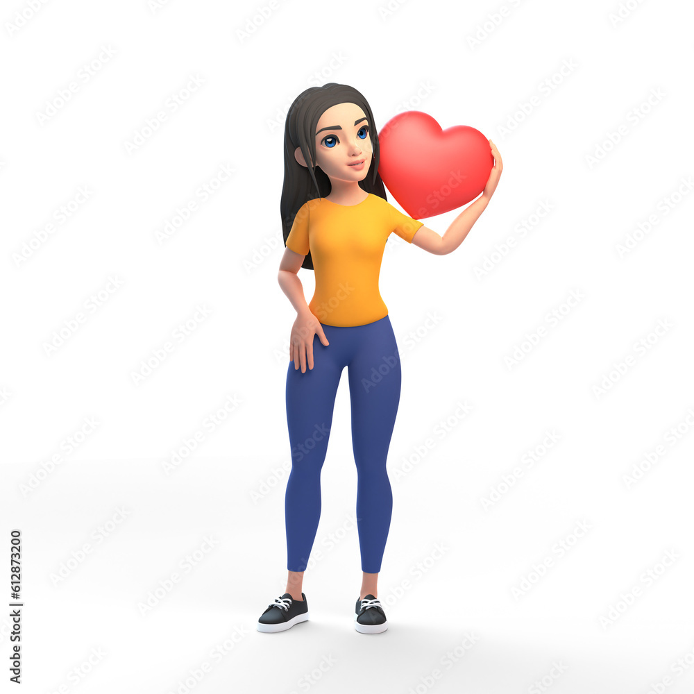 Cartoon funny cute girl in a yellow T-shirt and jeans holding red heart shape with her hand on a white background. Woman in minimalist style. People characters illustration. 3D rendering illustration Cartoon funny cute girl in a yellow T-shirt and jeans holding red heart shape with her hand on a white background. Woman in minimalist style. People characters illustration. 3D rendering illustration