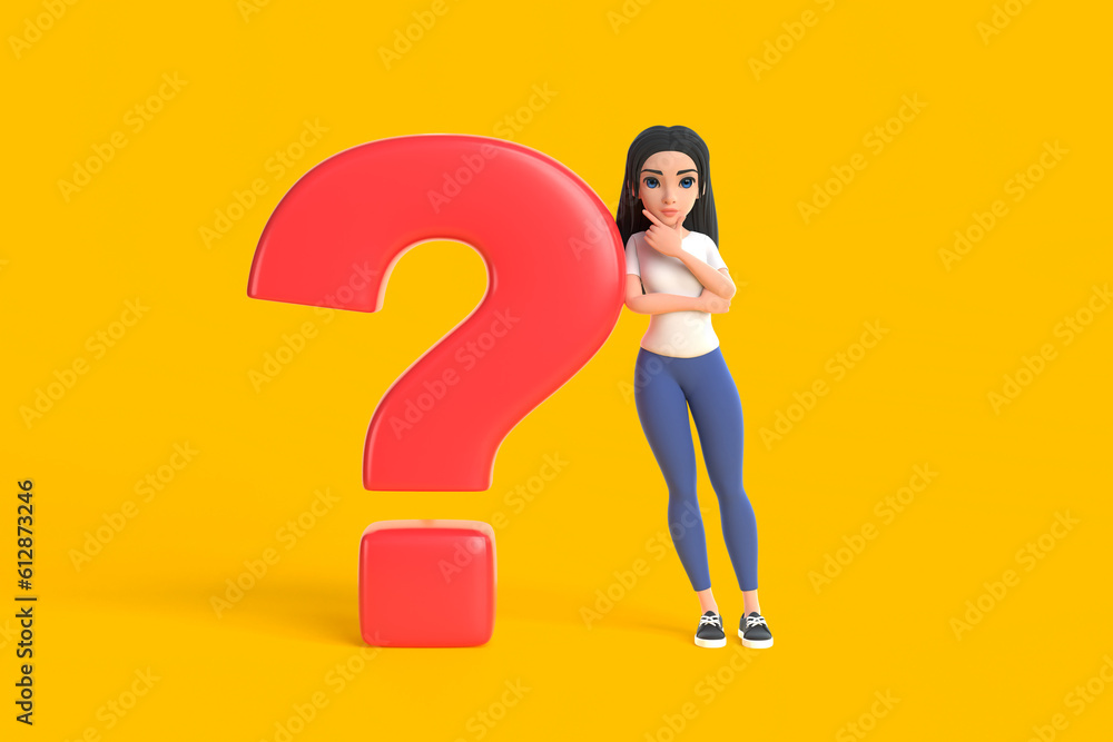 Cartoon funny cute girl in a white T-shirt and jeans next to red question mark on a yellow background. Woman in minimalist style. People characters illustration. 3D rendering illustration Cartoon funny cute girl in a white T-shirt and jeans next to red question mark on a yellow background. Woman in minimalist style. People characters illustration. 3D rendering illustration