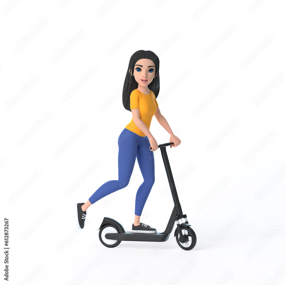 Cartoon funny cute girl in a yellow T-shirt and jeans rides electric scooter on a white background. Woman in minimalist style. People characters illustration. 3D rendering illustration Cartoon funny cute girl in a yellow T-shirt and jeans rides electric scooter on a white background. Woman in minimalist style. People characters illustration. 3D rendering illustration