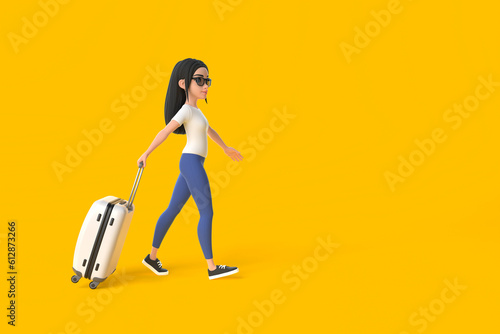 Cartoon funny cute girl in a white t-shirt, jeans and sunglasses walk with suitcase on a yellow background. Woman in minimalist style. People characters illustration. 3D rendering