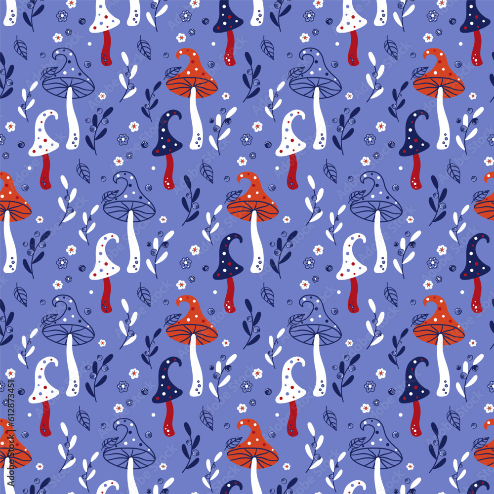 Obraz premium Cute autumn vector pattern with amanita mushrooms, leaves and blueberries. Cheerful seamless background drawn in doodle style - fly agarics, fungus, fairy forest on blue background