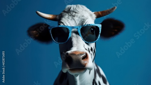 Funny cow with sunglasses in front of blue studio background. Generative AI