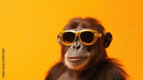 Funny monkey with sunglasses in front of yellow studio background. Generative AI © Unionproject