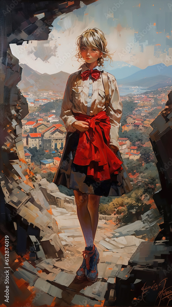 a shy cute young woman with a vintage dress standing in the alps, oil painting artwork, ai generated image
