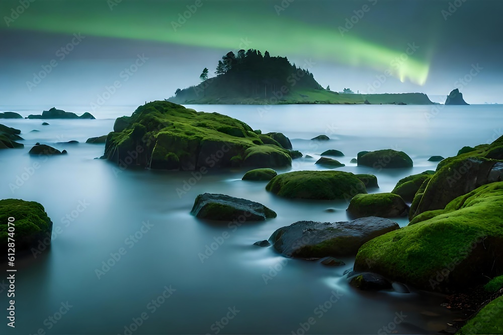 Green forest in sunlight with forest streams and sea illustration.. Green forest in sunlight with forest streams and sea illustration..
