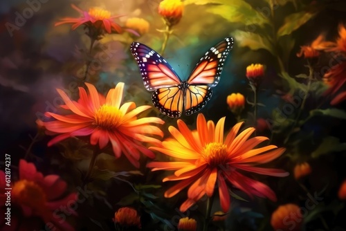 Monarch orange butterfly and bright summer flowers on a background Generative AI