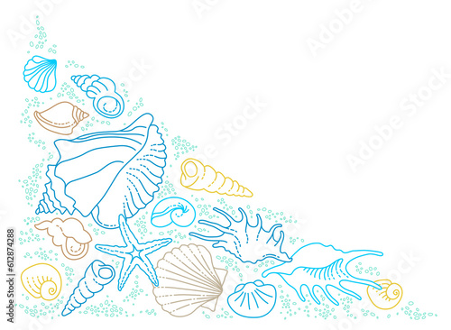 Corner illustration, pattern of line art tropical sea elements, seashells, starfish. Doodles of marine life. Sea decoration for scrapbook, card, design. Ocean, sea creatures. Maritime illustration