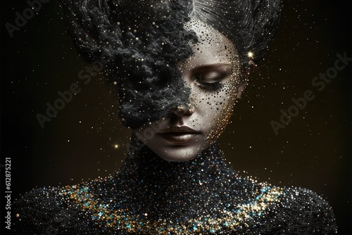 Contemporary abstract art woman melting portrait with skin of glistening space and universe in mycelia pattern, body cover with bright star of the starry night. Superb Generative AI