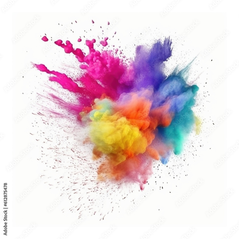 Big powder colorful explosion isolated on white background, created with generative AI Big powder colorful explosion isolated on white background, created with generative AI