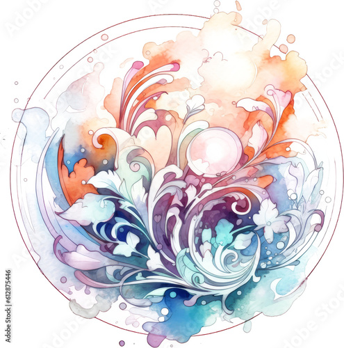 Round watercolor illustration with flowers.