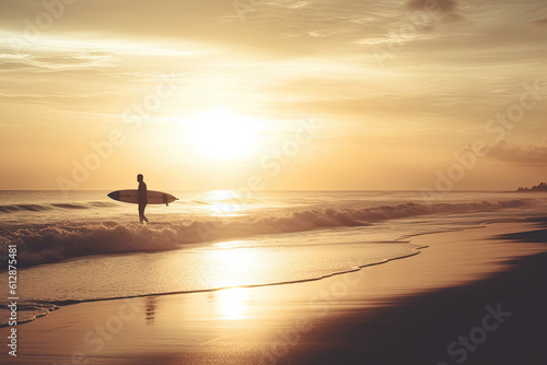 The silhouette of a surfer and goes on the waves. Generative ai. © Iryna