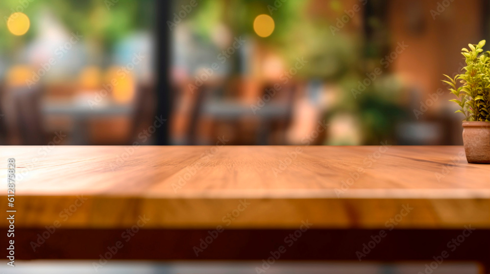 Wooden table template, Desk mock-up. 
Wooden table for product display with blur background of a bar or restaurant. Generative ai.
