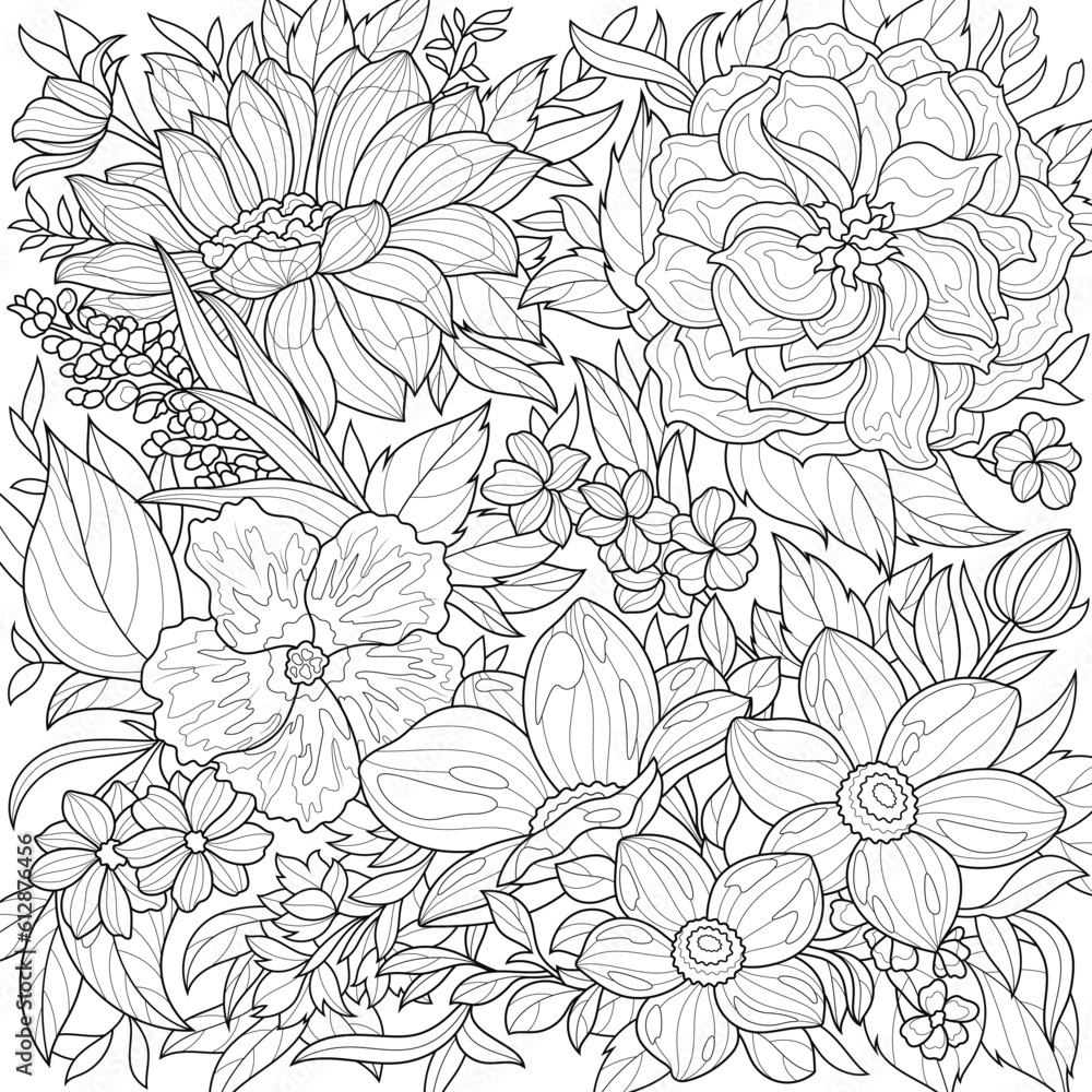 Flowers.Coloring book antistress for children and adults. Illustration isolated on white background.Zen-tangle style. Hand draw