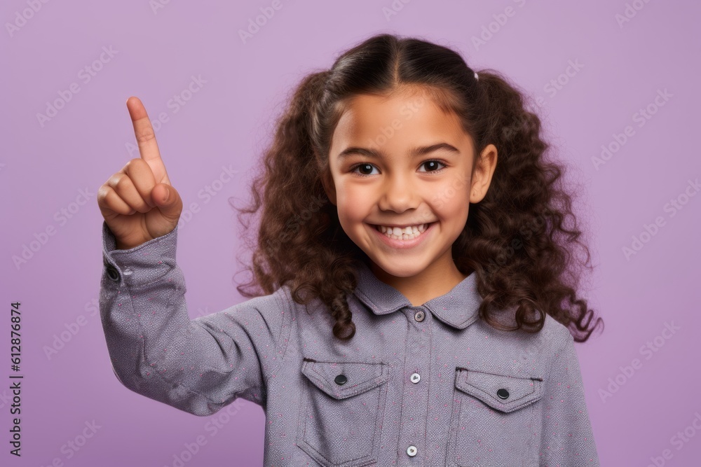 Headshot portrait photography of a satisfied kid female pointing with two hands and fingers to the side against a lilac purple background. With generative AI technology Headshot portrait photography of a satisfied kid female pointing with two hands and fingers to the side against a lilac purple background. With generative AI technology