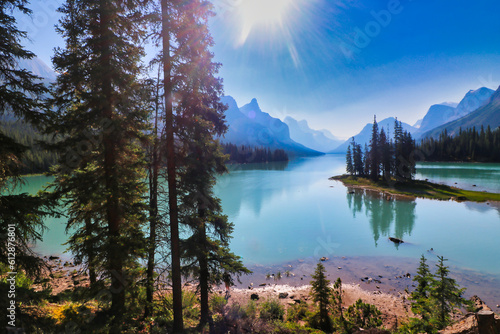 World famous and Iconic Spirit Island, a holy place for the Stoney Nakoda First nation, on Maligne Lake in Jasper National Park in the Canada rockies