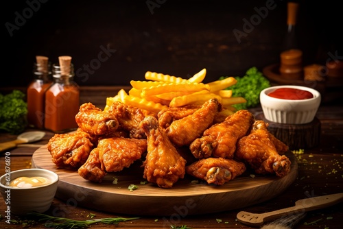 Roasted chicken wings, French fries, sauce, crispy, delicious, savory, fast food, comfort meal, appetizing, golden brown