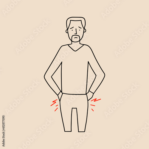 A man holds his hands on inflamed joints or hemorrhoids. Vector illustration in line style.