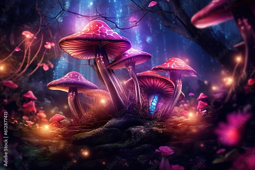 Naklejka premium Magic mushrooms in the forest at night, Fantasy magic landscape.Generative Ai