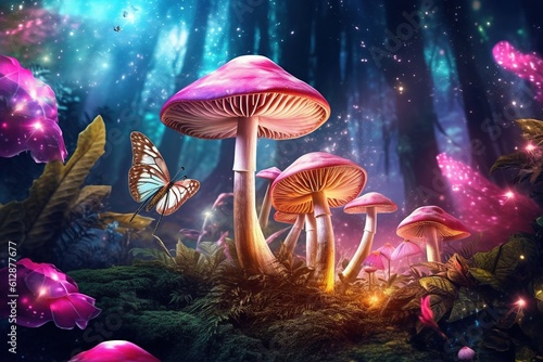 Magic mushrooms in the forest at night, Fantasy magic landscape.Generative Ai © Rudsaphon