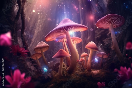 Magic mushrooms in the forest at night, Fantasy magic landscape.Generative Ai