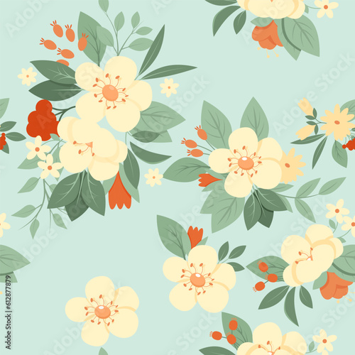 Vintage seamless pattern of yellow flowers  orange berries and green leaves